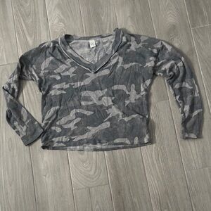 Gray Camouflage V-Neck Women's Top